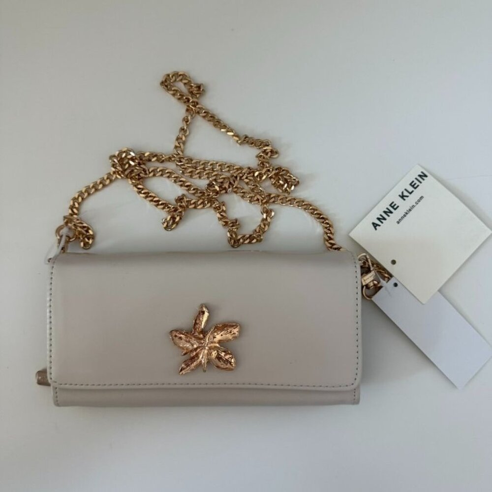 Anne Klein Wallet On A Chain Beige Faux Leather Gold Chain Strap & Floral Accent